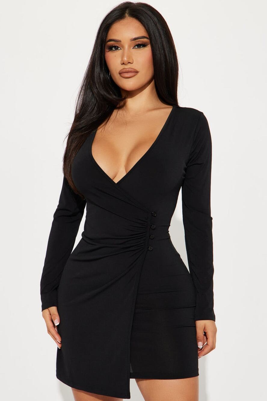 Fashion Nova Piper Black Long Sleeve Wrap Mini Dress Size Medium